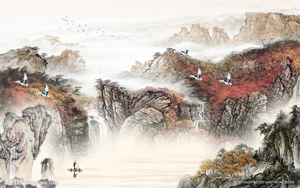 最新山水墙画背景 TIF分层