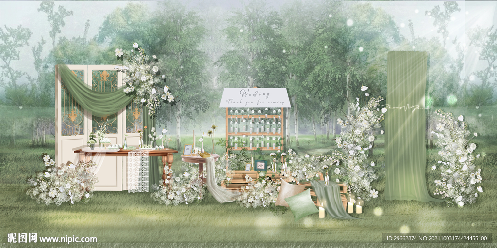 户外白绿色户外婚礼甜品合影区