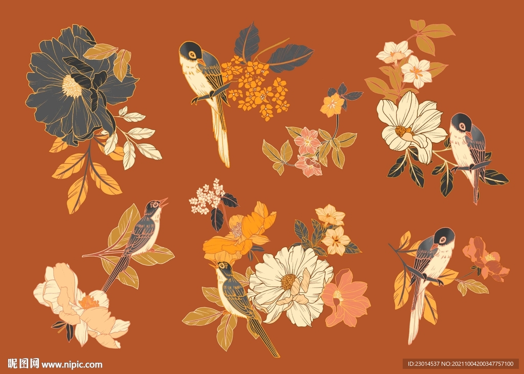 中国风手绘花鸟花卉分层素材