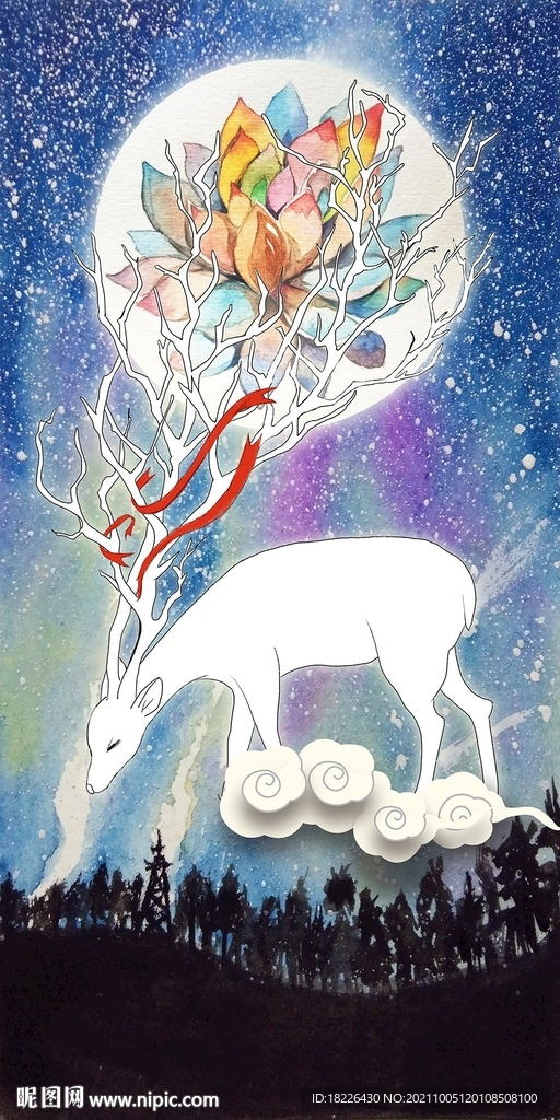 北欧手绘麋鹿装饰画玄关走道挂画