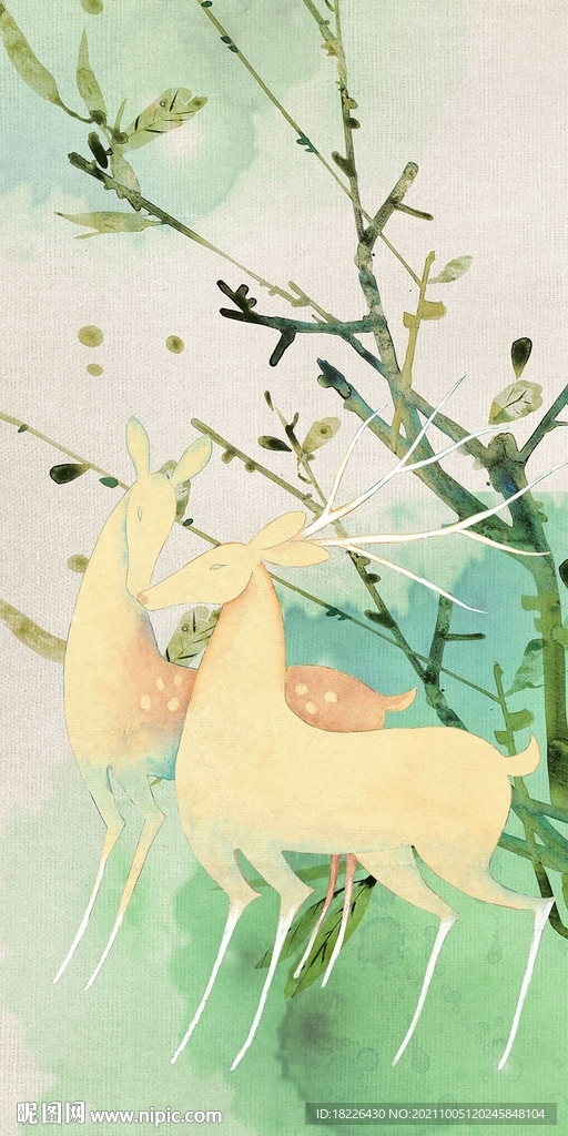 北欧手绘麋鹿装饰画玄关走道挂画