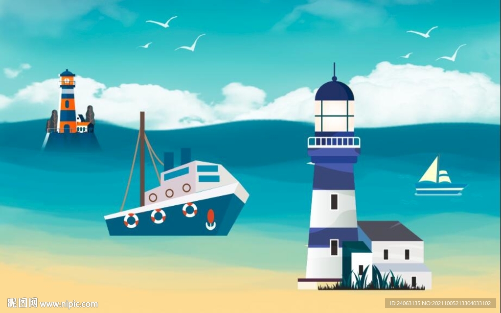 卡通手绘灯塔海洋壁画