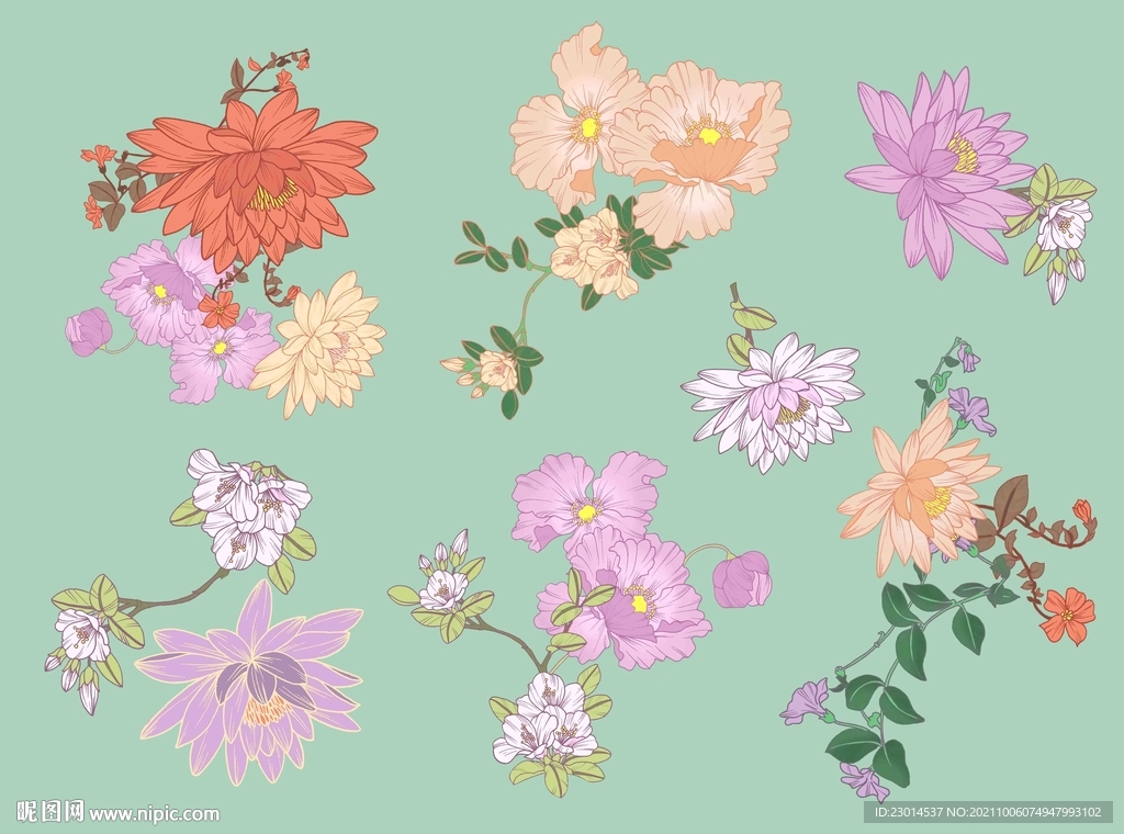 中国风清新手绘花卉分层素材