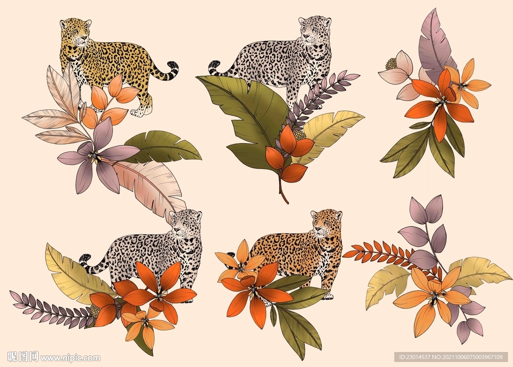 热带风手绘花卉豹子分层素材