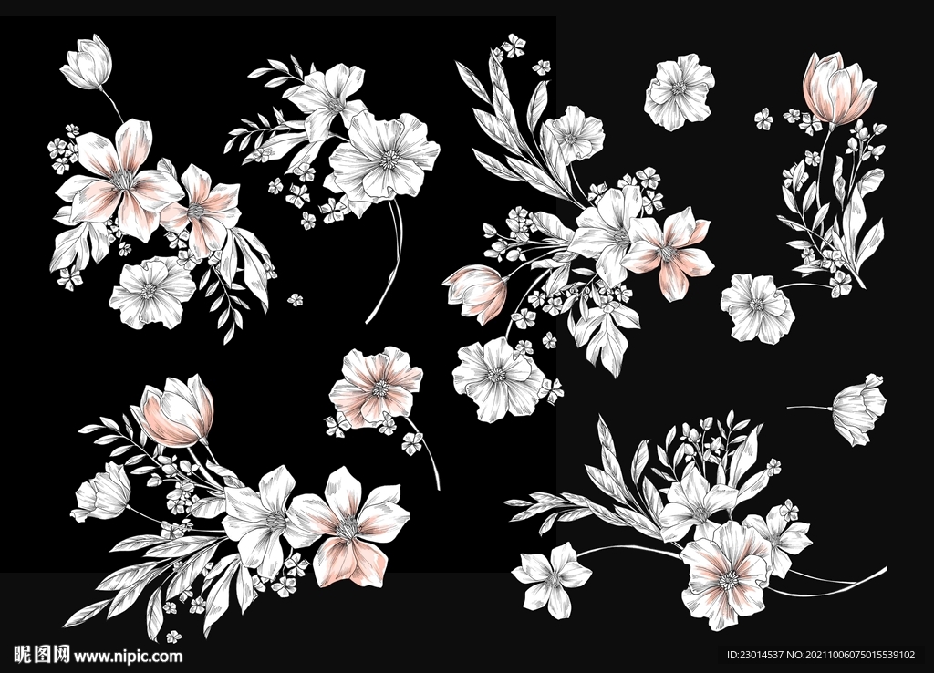 北欧风手绘素描花卉分层素材