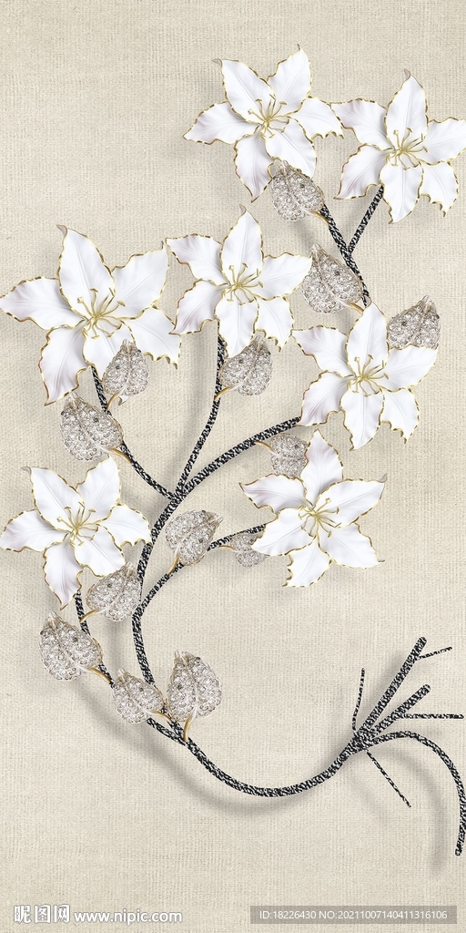 简约浮雕白色花3D玄关装饰画