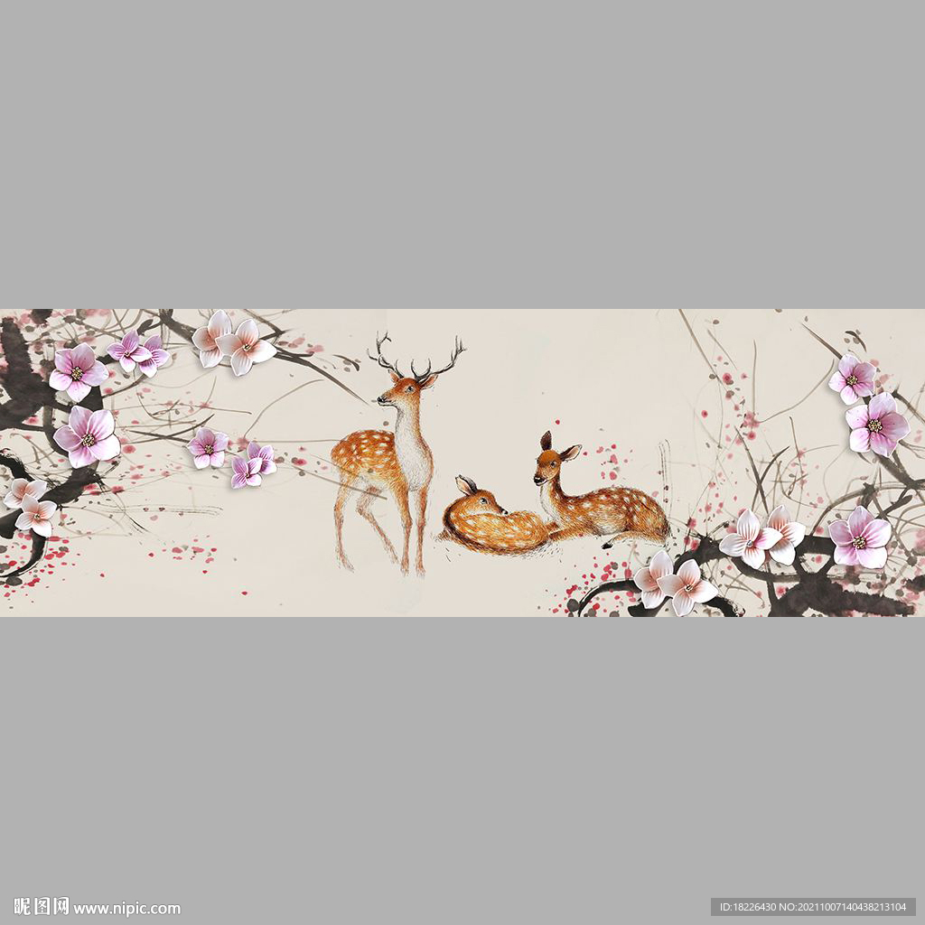 新中式梅花鹿立体桃花床头装饰画