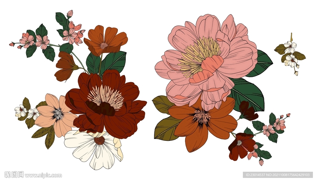 北欧热带风手绘花卉分层素材