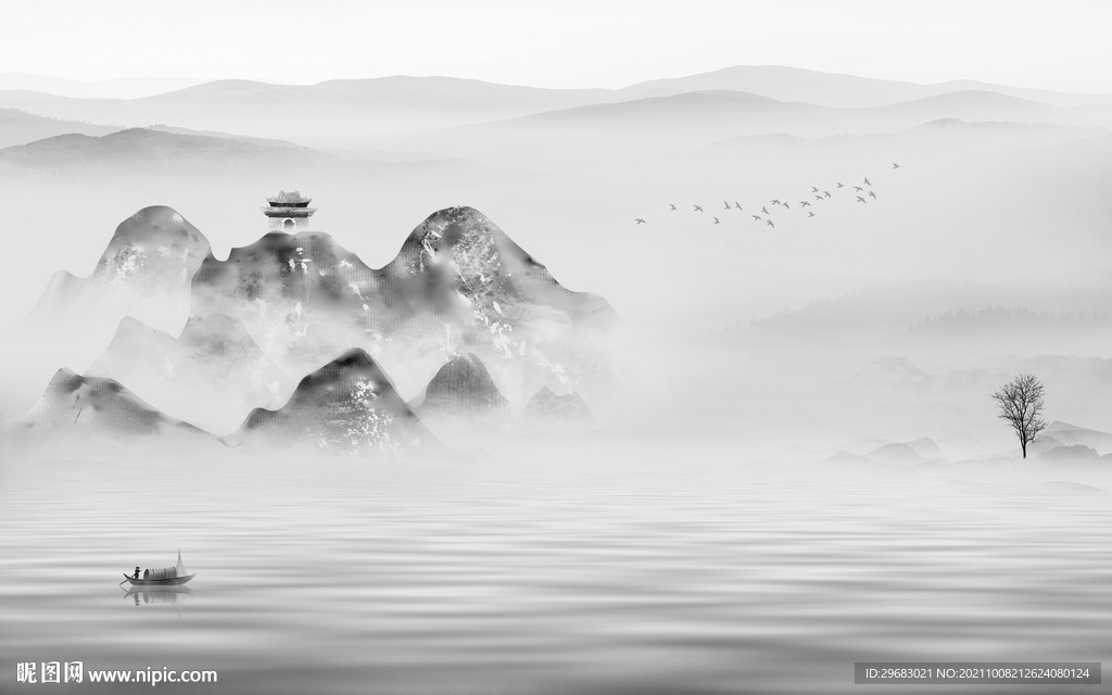 新中式风景客厅山水 tif分层