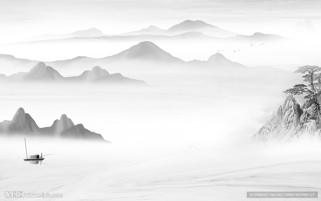 新中式最新灰色山水 tif分层