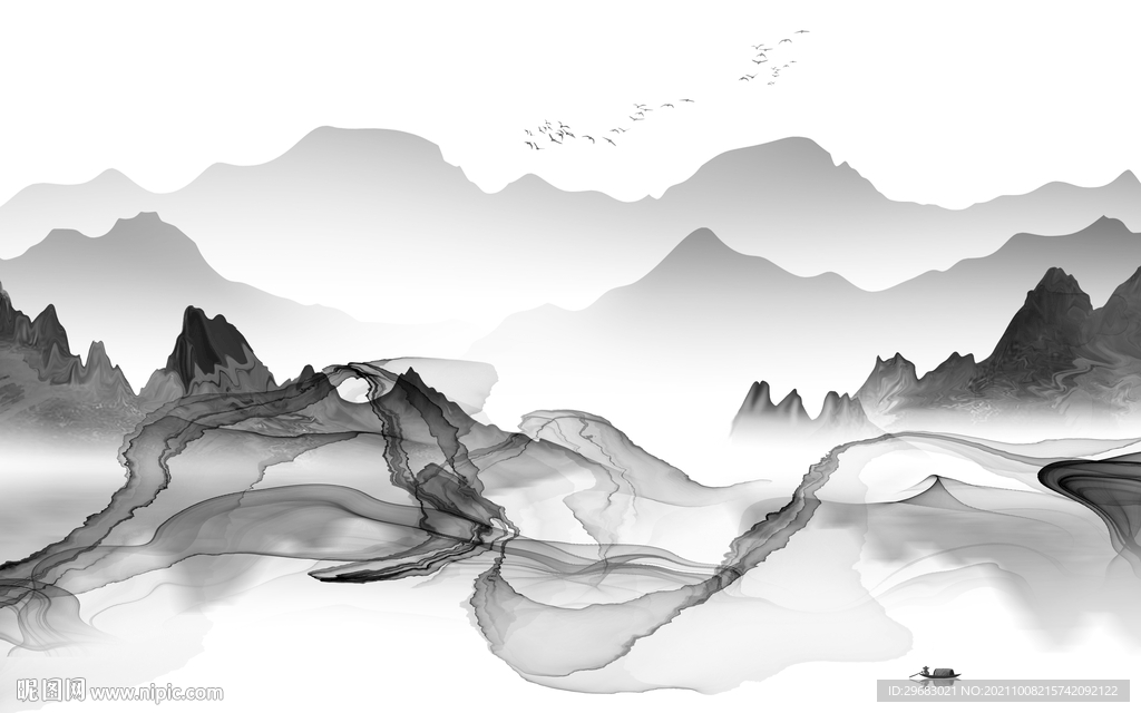 中式 最新灰色山水 tif分层