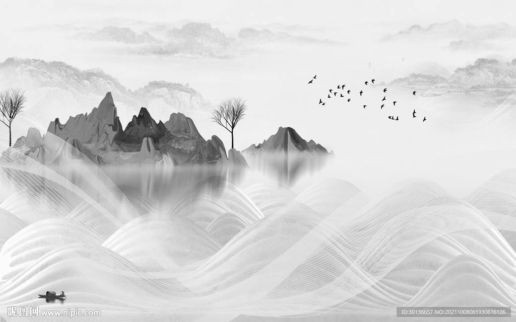 新中式灰色山水图 TIF分层画