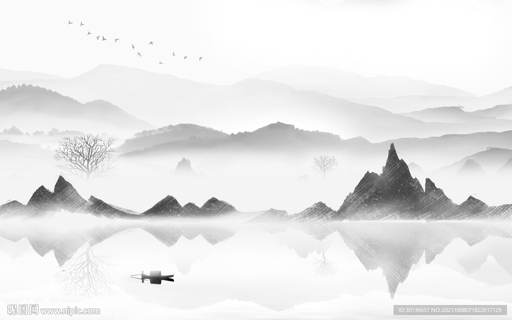 新中式灰色山水图 TIF分层画