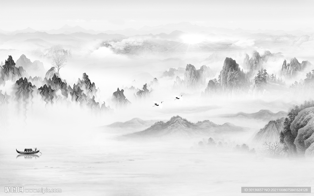 新中式客厅灰色山水 TIF分层