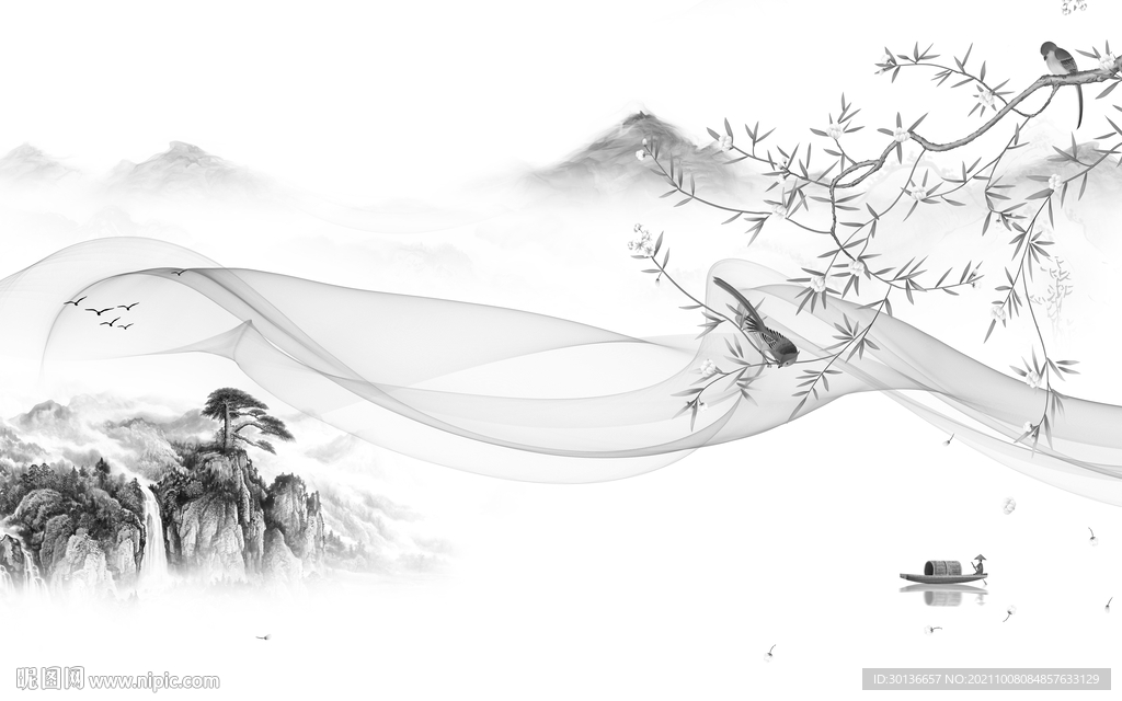 高清 客厅灰色山水 TIF分层