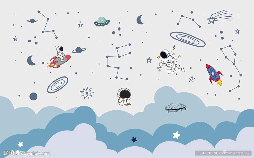 手绘太空宇宙飞船儿童背景墙