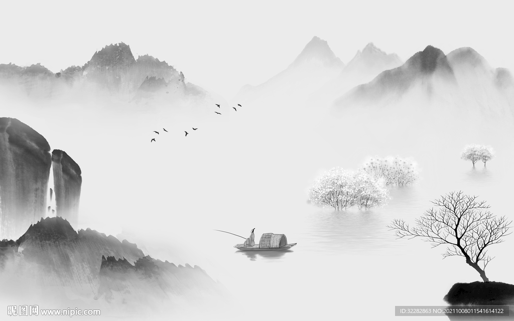 中式 简约灰色山水 TIF分层