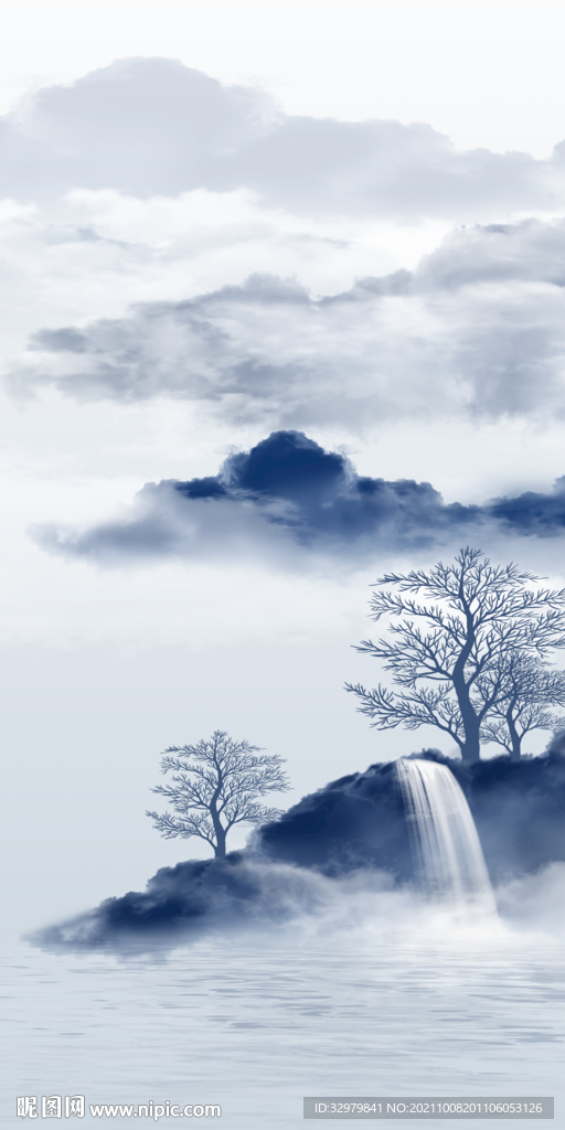 蓝色 玄关大气山水 TIF分层