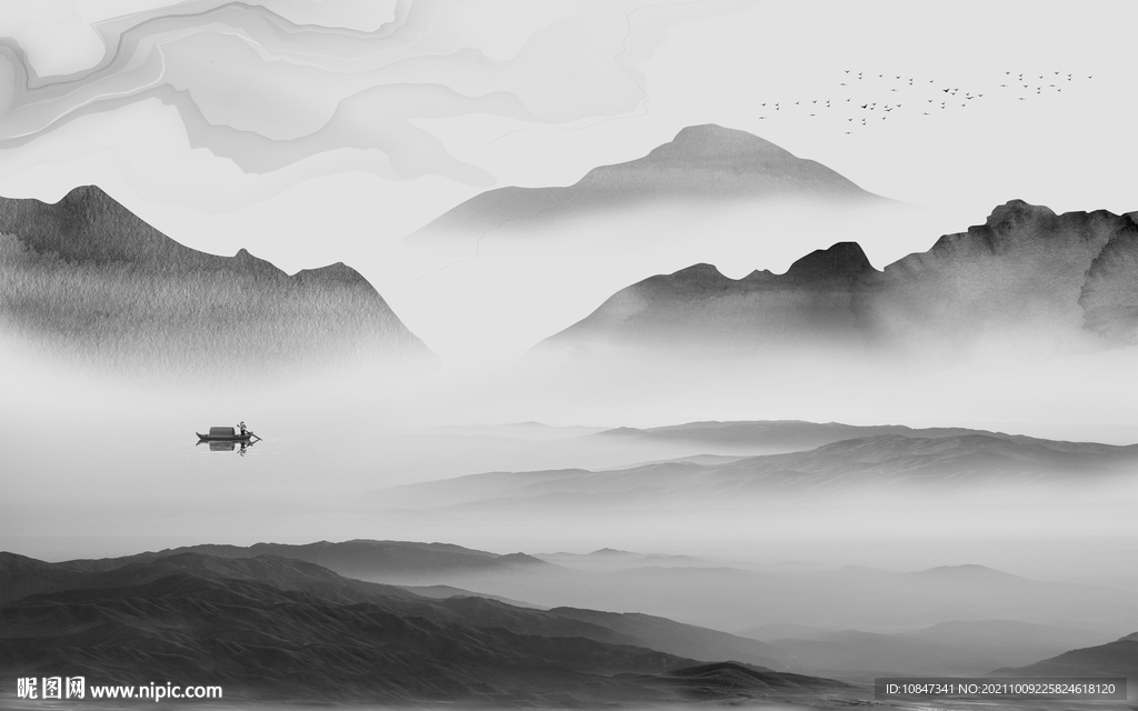 中国风灰色风景山水 TIF分层