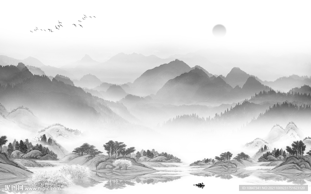 中国风灰色山水图 TIF分层画