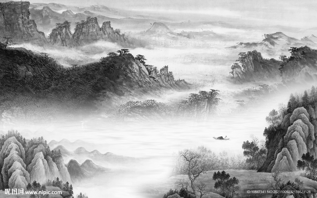 高清 灰色山水图 TIF分层画