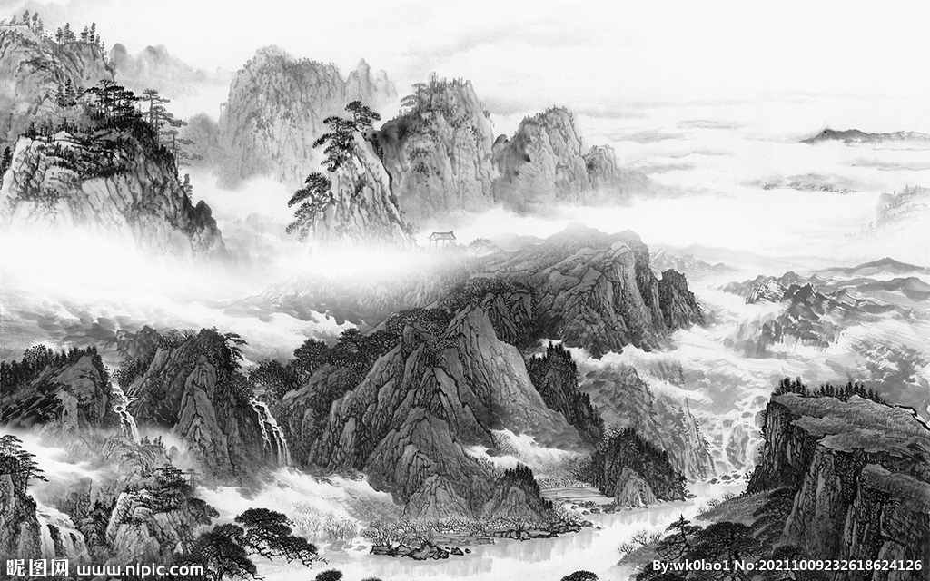 中式 灰色风景山水 TIF分层