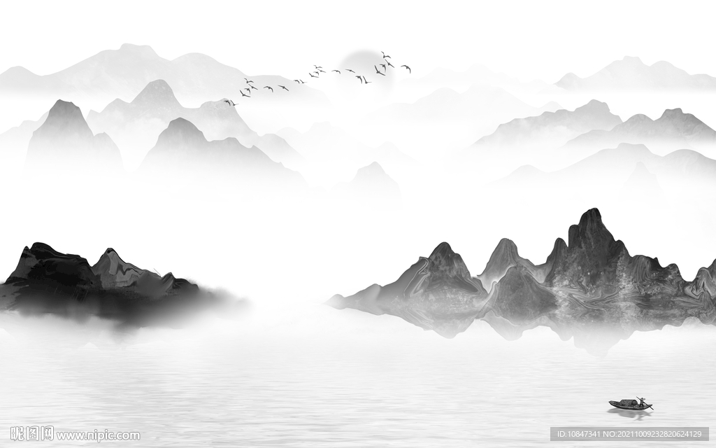 新中式灰色山水图 TIF分层画