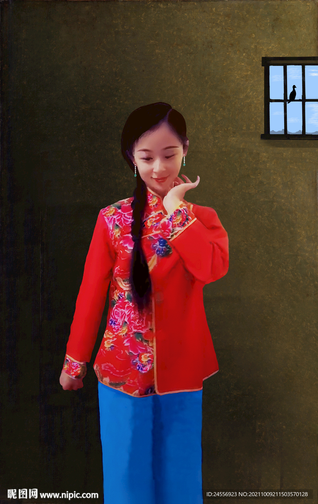 油画人物戴宝石耳坠女孩