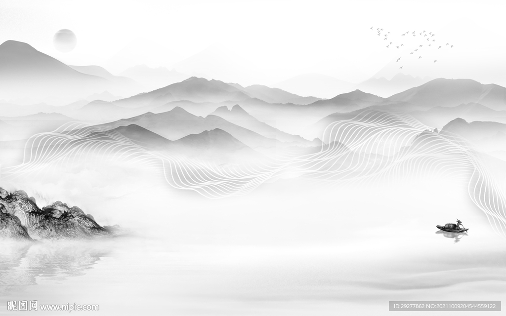新中式灰色现代山水 tif分层
