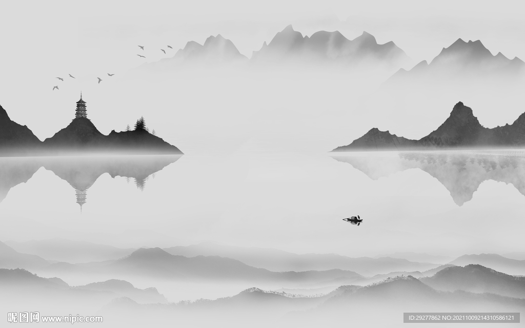 新中式客厅灰色山水 tif分层