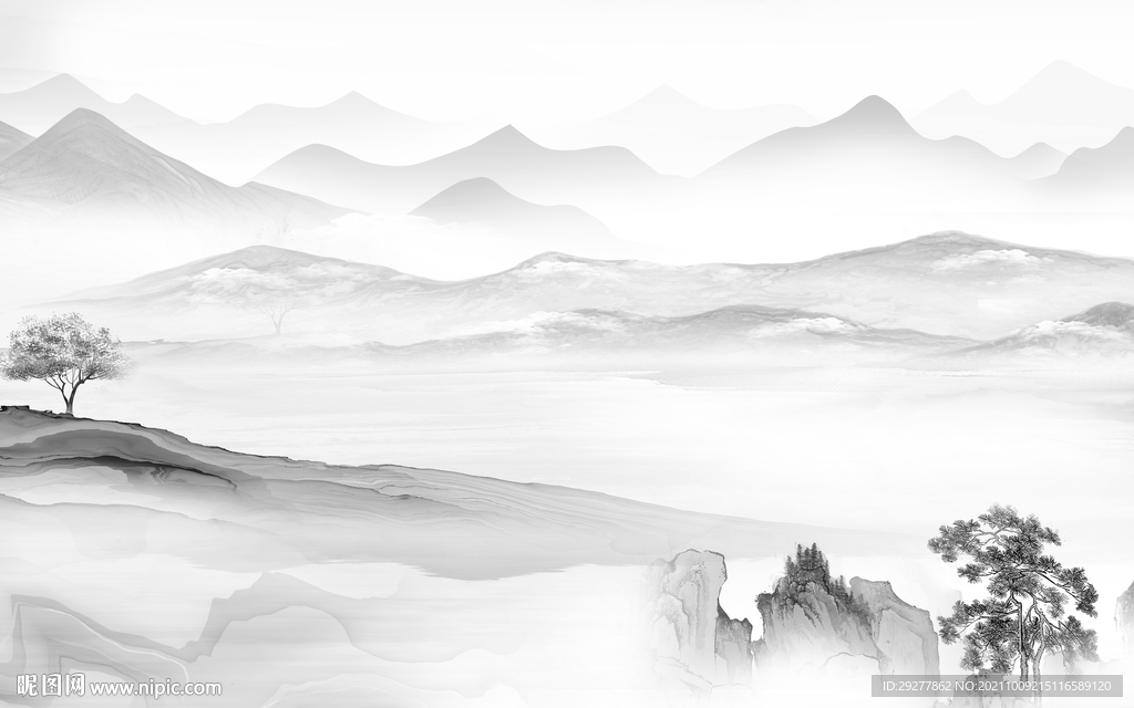 高档客厅灰色山水 tif分层