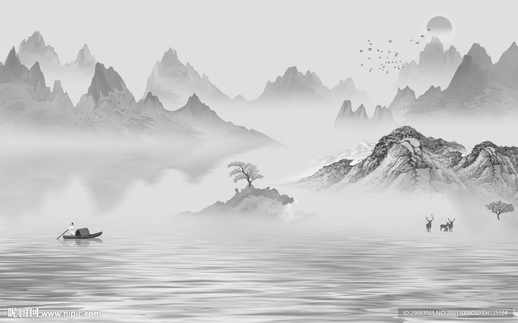 中国风新款灰色山水 tif分层