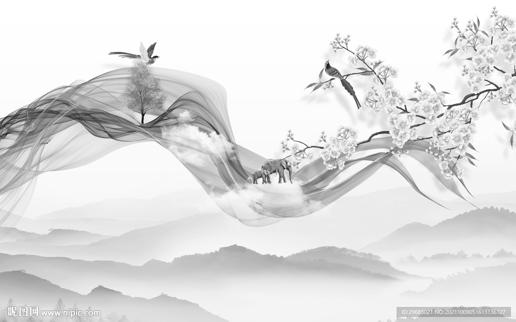 高档 新款灰色山水 tif分层