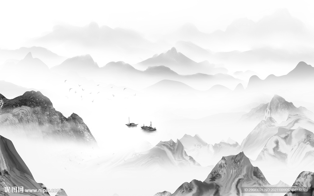 中国风现代灰色山水 tif分层