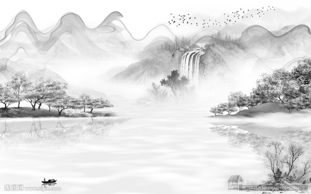 中国风客厅灰色山水 tif分层