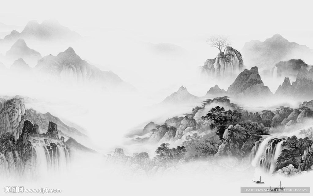 新中式客厅灰色山水 tif分层