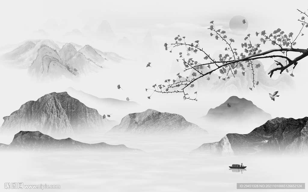 中式客厅灰色山水 tif分层