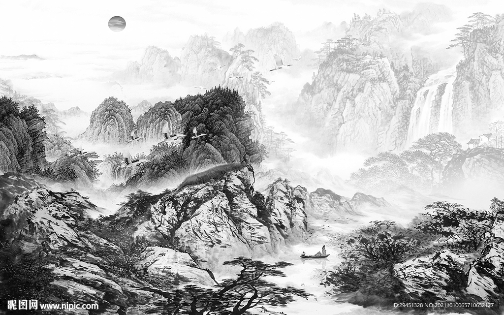 简约灰色画山水图 tif分层