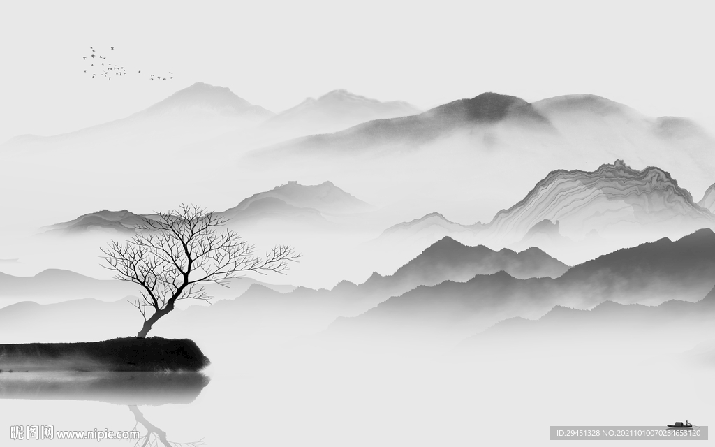 中式灰色画山水图 tif分层