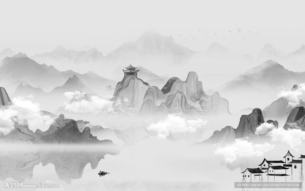 新中式灰色画山水图 tif分层