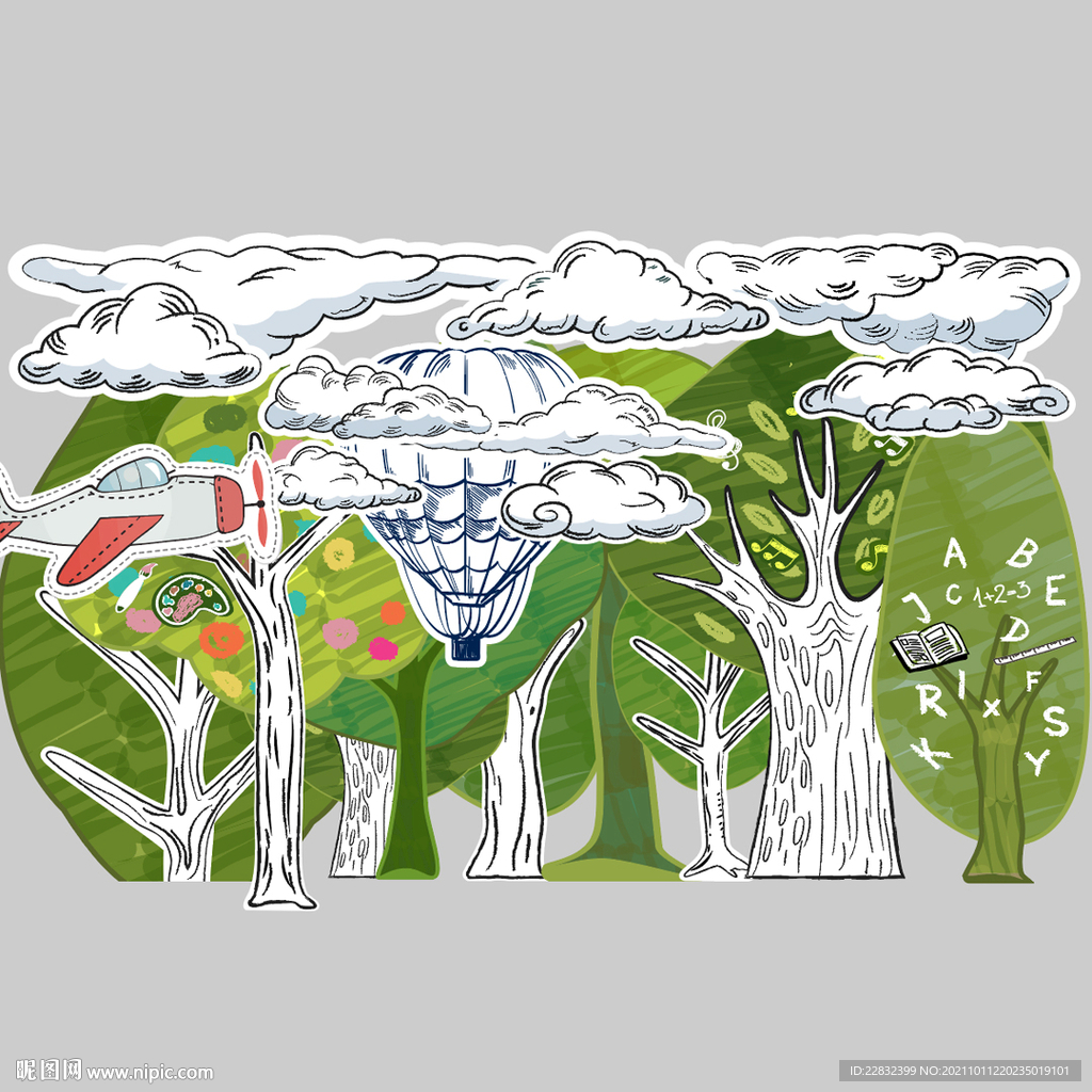 卡通森林云朵热气球生日派对背景