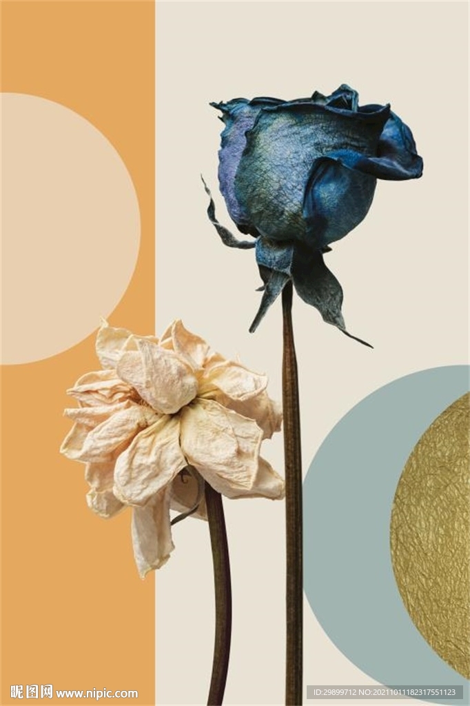 几何图形橙色蓝色玫瑰花朵装饰画