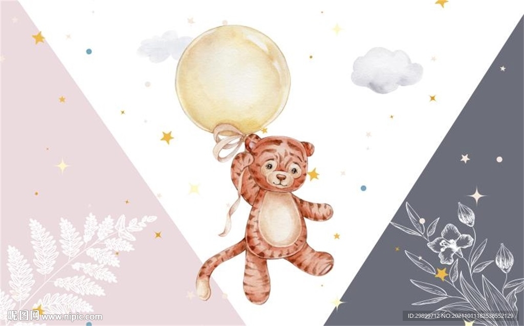 几何图形红色气球小狐狸卡通背景