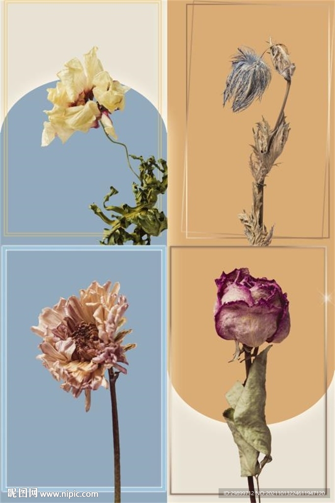 几何图形橙色金线花朵框装饰画