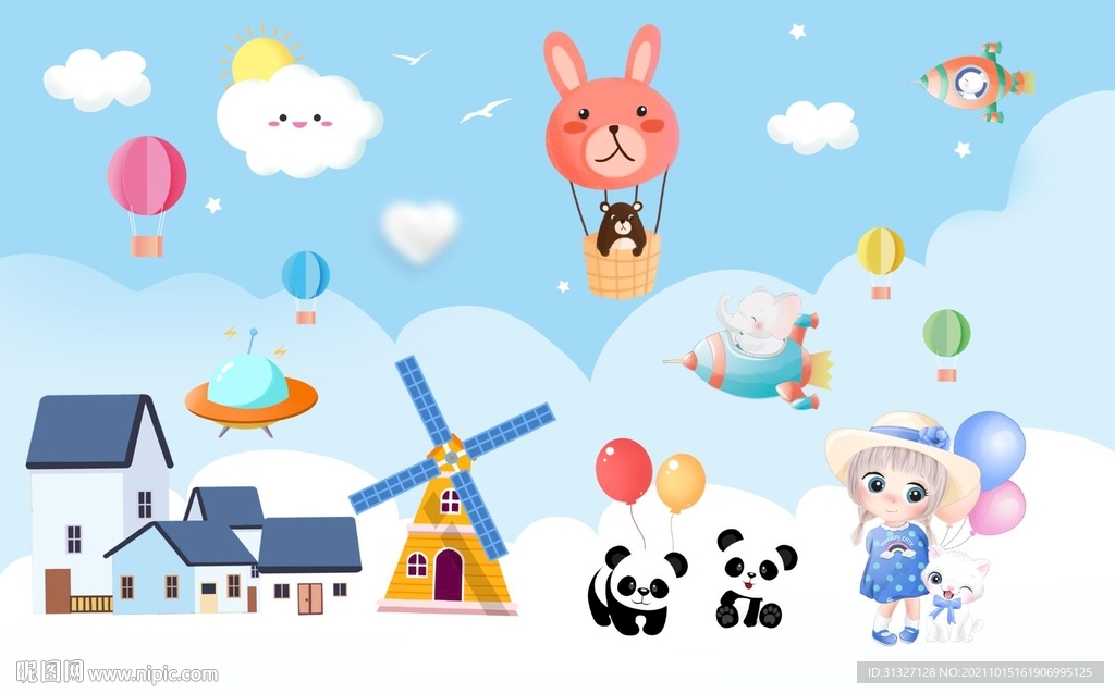卡通云朵动物梦幻儿童房背景墙图
