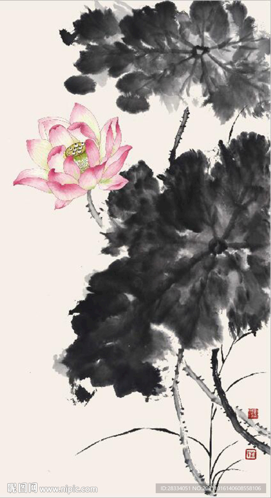 新中式水墨荷花国画玄关装饰画