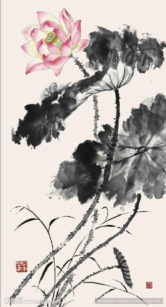 新中式水墨荷花国画玄关装饰画