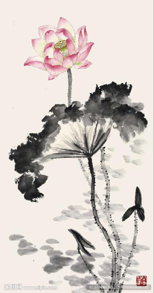 新中式水墨荷花国画玄关装饰画