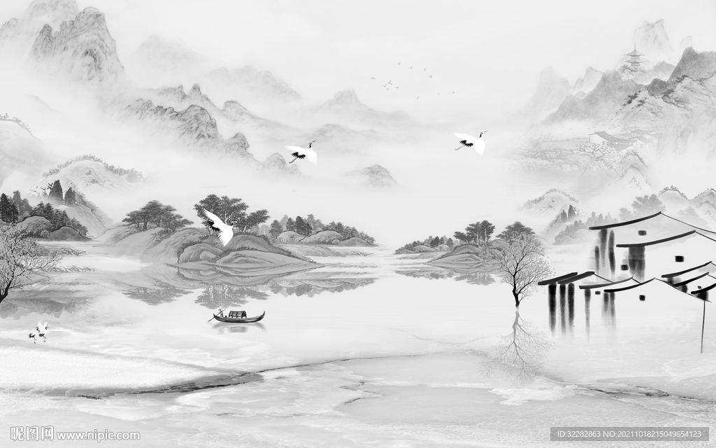 最新意境灰色山水 TIF分层