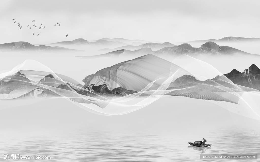 新中式灰色山水图 TIF分层画